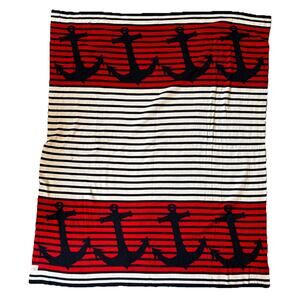 Nautical Throw Blanket 50x60 Knit Red White Blue Stripe Anchor Coastal Beach NEW